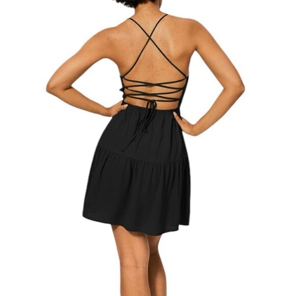 Size M Backless Crisscross Adjustable Strap Shirred Plicated Flowy Mini Linen-Fe - Picture 1 of 8